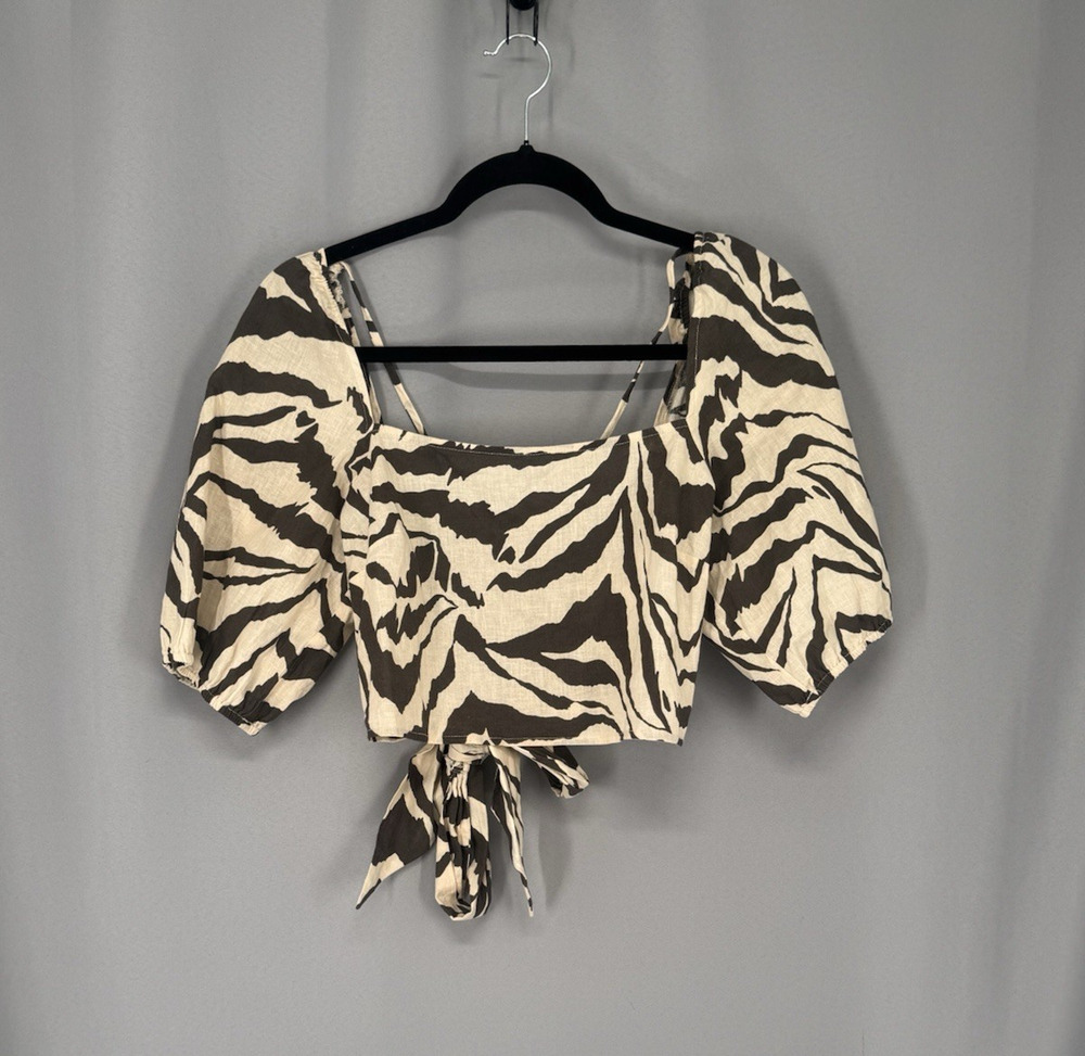H&M Cropped Top Womens Medium Zebra Print Linen Slim Square Neck Open Tie Back